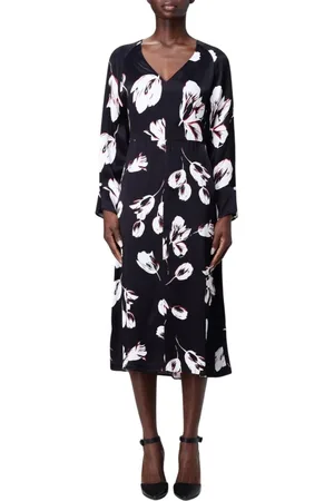 HUGO BOSS Kjole, Dame, Sort, S, Elegant Blomstret Silke Midi Kjole