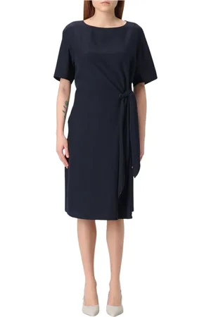 Emporio Armani Kjole, Dame, Blå, XS, Uld, Blå Midi Kjole med Plisseret Nederdel