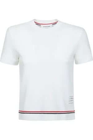 Thom Browne Strik, Dame, Hvid, 3XS, Bomuld, Ribbet Crewneck T-shirt med knapdetaljer