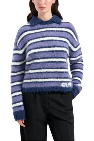 OLAF HUSSEIN Strik, Dame, Blå, L, Uld, Stribet Polo Strik i Hazy