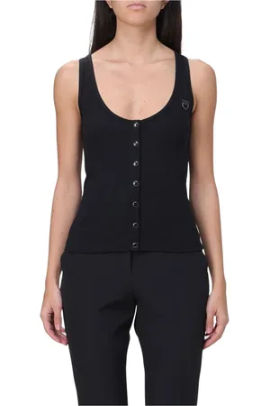 Pinko Top, Dame, Sort, XS, Ribbet Ærmeløs Knap Top