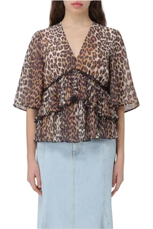 Ganni Bluser & Skjorter, Dame, , XS, Uld, Leopard Print Plisseret Bluse