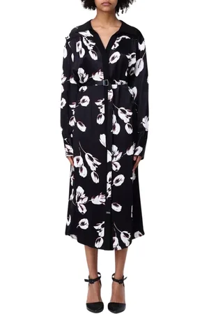 HUGO BOSS Kjole, Dame, Sort, M, Elegant Blomstret Silke Skjortekjole