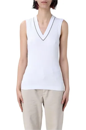 Brunello Cucinelli Top, Dame, Hvid, XS, Hvid Silkeærmetop uden ærmer med pynt
