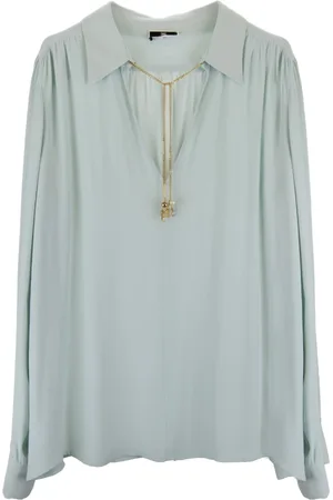 Elisabetta Franchi Bluser & Skjorter, Dame, Blå, L, Uld, V-hals bluse med guld knaplukning