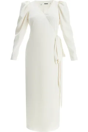ROTATE Kjole, Dame, Hvid, XS, Satin, Satin Midi Wrap Kjole med Pufærmer