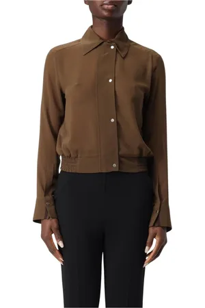 Pinko Jakke, Dame, Brun, S, Elegant Krave Silkebluse Langærmet