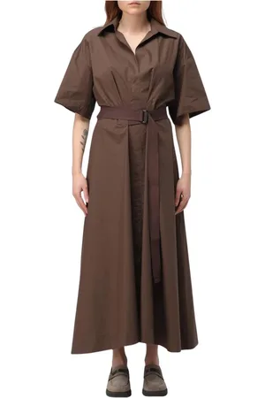 Brunello Cucinelli Kjole, Dame, Brun, L, Bomuld, Elegant Beige Kjole med Bælte