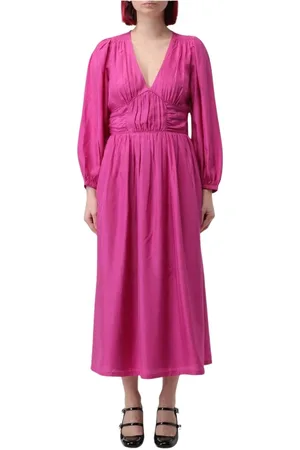 SEA Kjole, Dame, Lyserød, XS, Fuchsia Silkekjole Midi V-Neck