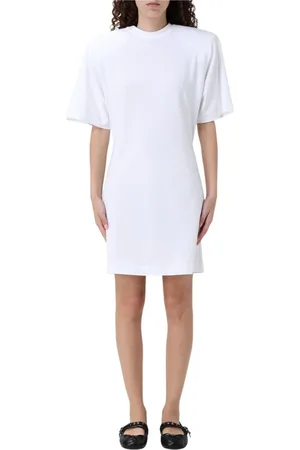 Pinko Kjole, Dame, Hvid, S, Elegant Midi Kjole med Flæsekanter
