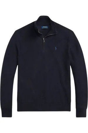 Ralph Lauren Strik, Herre, Blå, M, Bomuld, Ribstrikket Half-Zip Trøje - Marineblå