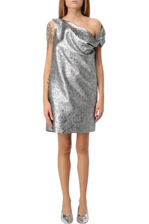 Msgm Kjole, Dame, Grå, XS, Uld, Sølv One-Shoulder Mini Kjole