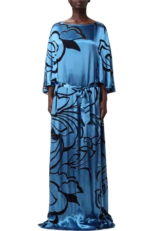 Alberta Ferretti Kjole, Dame, Blå, XL, Elegant Blomstret Maxi Kjole