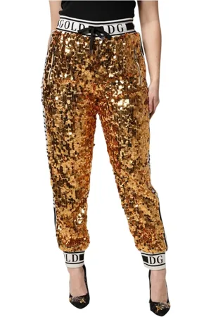 Dolce & Gabbana Bukser, Dame, Gul, M, Uld, Metallic Logo Paillet Højtaljede Joggers