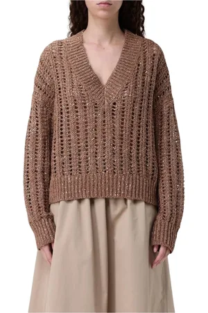 Brunello Cucinelli Strik, Dame, Brun, S, Brun Pailletstrik V-hals Sweater