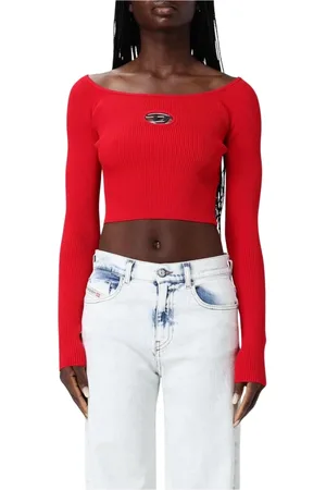 Diesel Top, Dame, Rød, S, Uld, Rød Ribstrikket Top med Udsnit Detalje