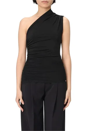 Elisabetta Franchi Top, Dame, Sort, M, Uld, Marineblå One Shoulder Ruched Top