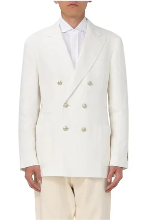 Brunello Cucinelli Jakke, Herre, Hvid, XL, Linned, Hvid Linned Dobbeltbrystet Blazer