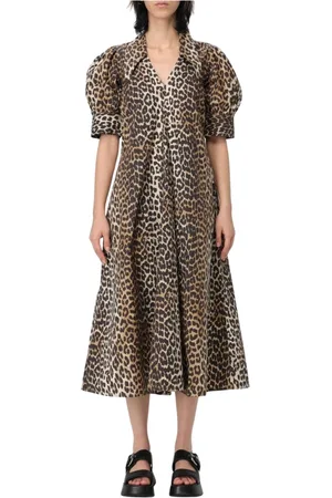 Ganni Kjole, Dame, Brun, S, Bomuld, Leopard Print Midi Kjole Puff Ærmer