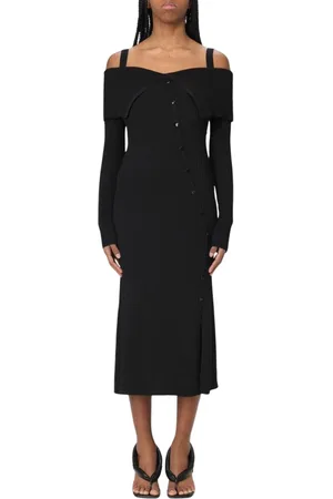 Twin-Set Kjole, Dame, Sort, XS, Uld, Sort Ribstrikket Off-Shoulder Kjole