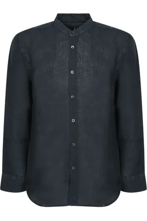 120% Lino Skjorte, Herre, Blå, 2XL, Linned, Blåt Linned Mandarin Krave Slim Fit Skjorte
