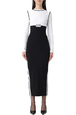 Jean Paul Gaultier Kjole, Dame, Sort, XS, Bomuld, Ribstrikket Midi Kjole Striber