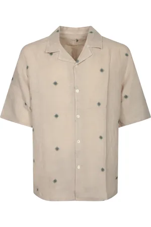 120% Lino Skjorte, Herre, Grøn, L, Linned, Beige Linnedskjorte med Grønne Broderier