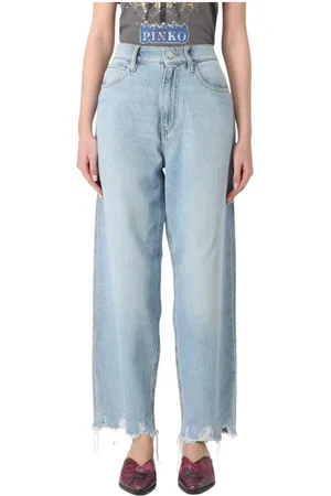 Pinko Jeans, Dame, Blå, W24, Uld, Stilfulde Wide Leg Jeans med Rå Kant