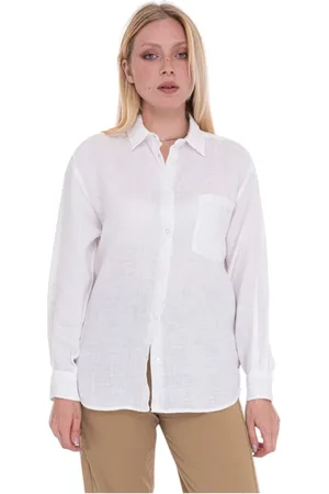 Woolrich Bluser & Skjorter, Dame, Hvid, S, Linned, Oversize Linnedbluse med Logotunge