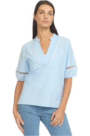 2-Biz Bluser & Skjorter, Dame, Blå, L, Bomuld, Feminin bluse med broderede detaljer