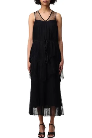 Twin-Set Kjole, Dame, Sort, XL, Polyester, Elegant Plisseret Midi Kjole