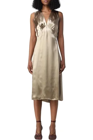 Bottega Veneta Kjole, Dame, Gul, S, Uld, Guld Silke Slip Midi Kjole