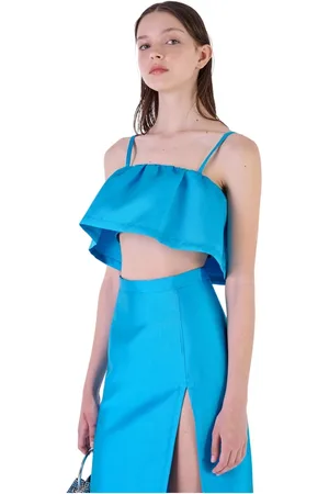 Silvian Heach Top, Dame, Blå, XL, Polyester, Top Crop med Rynke