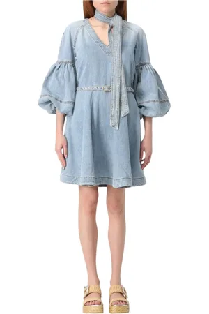 ZIMMERMANN Kjole, Dame, Blå, M, Denim, Blå Denim Mini Kjole Puff Ærmer