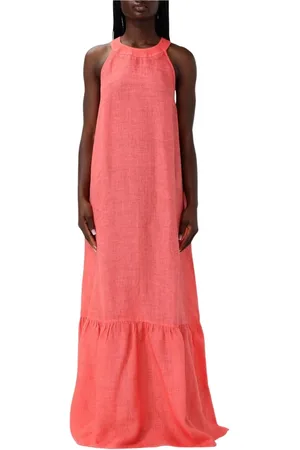120% Lino Kjole, Dame, Rød, XS, Linned, Elegant Linned Maxi Kjole Lagdelt Nederdel