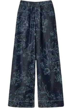 Twin-Set Bukser, Dame, Blå, XS, Denim, Blomstret vidde bukser