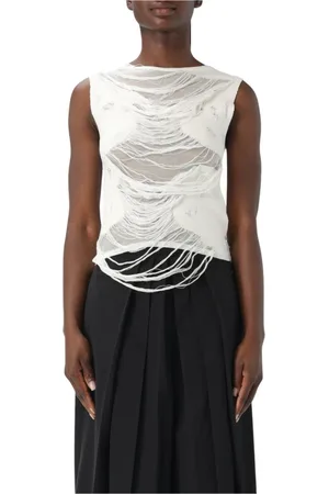 Maison Margiela Top, Dame, Hvid, M, Uld, Hvid Distressed Strik Ærmeløs Top