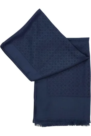 Salvatore Ferragamo Tilbehør, Dame, Blå, ONE SIZE, Uld, Logo Tørklæde med Frynser