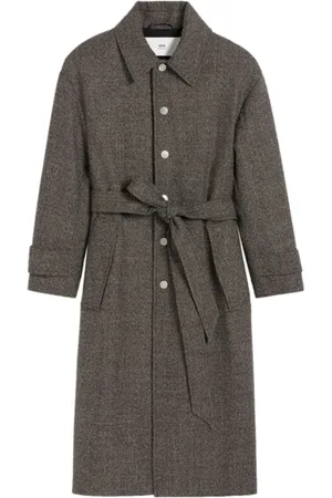 Ami Frakke, Herre, Grå, S, Uld, Brun Sprængt Trenchcoat med Sølvknapper