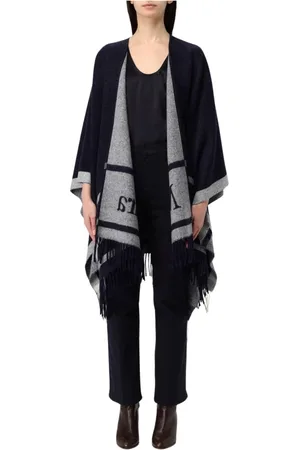 Max Mara Jakke, Dame, Blå, ONE SIZE, Uld, Elegant Fringed Poncho Cape
