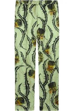 DRIES VAN NOTEN Bukser, Herre, Grøn, L, Khaki Parkino Bukser med Tidsel Print