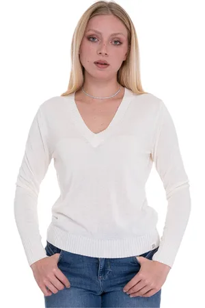 Peuterey Strik, Dame, Hvid, XL, Ribstrik V-hals Pullover med Logo