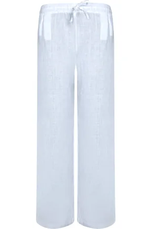 120% Lino Bukser, Dame, Hvid, M, Linned, Elegant Wide-Leg Linen Bukser