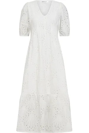 Co`Couture Kjole, Dame, Hvid, XS, Bomuld, Hvid Anglaise Plisseret Kjole