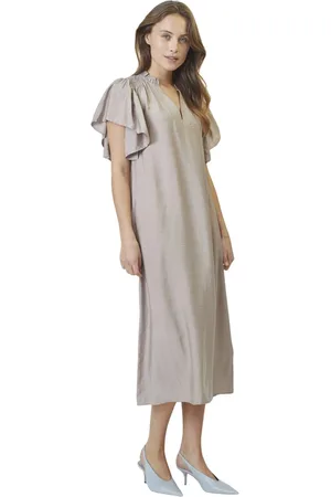 Co`Couture Kjole, Dame, Grå, S, Polyester, Flæse Kjole i Valnøddefarve