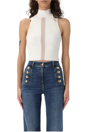 Elisabetta Franchi Top, Dame, Hvid, L, Elegant Ribbed Top til Kvinder