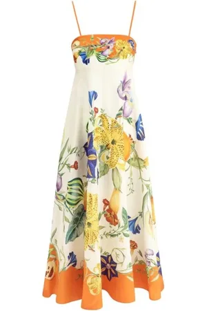 ALÉMAIS Kjole, Dame, Flerfarvet, XL, Linned, Blomstret Linned Midi Kjole