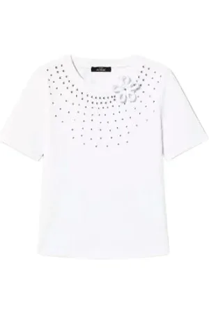 Twin-Set Top, Dame, Hvid, L, Bomuld, Strass T-shirt med blomstapplikation