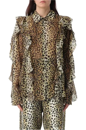 BLUMARINE Bluser & Skjorter, Dame, Flerfarvet, XS, Leopard Print Ruffle Silk Blouse