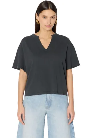 Berenice Top, Dame, Flerfarvet, L, Bomuld, Temilio T-shirt grå med tunisisk krave og rhinsten vinger